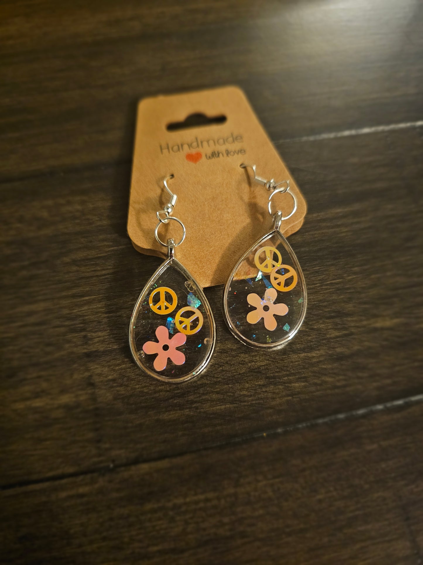 Silver Teardrop Earrings with Pastel Peace Signs & Flowers