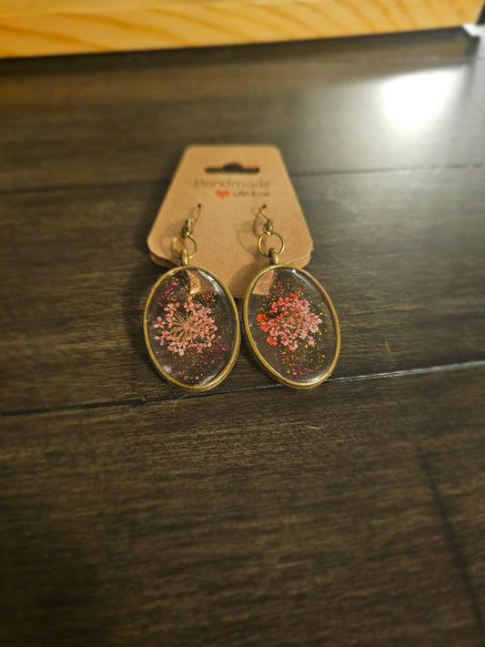 Pink Queen Annes Lace Oval Earrings