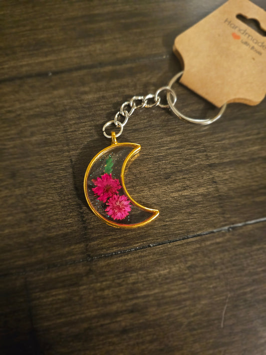 Lunar Bloom – Gold Crescent Moon Keychain with Purple Flowers
