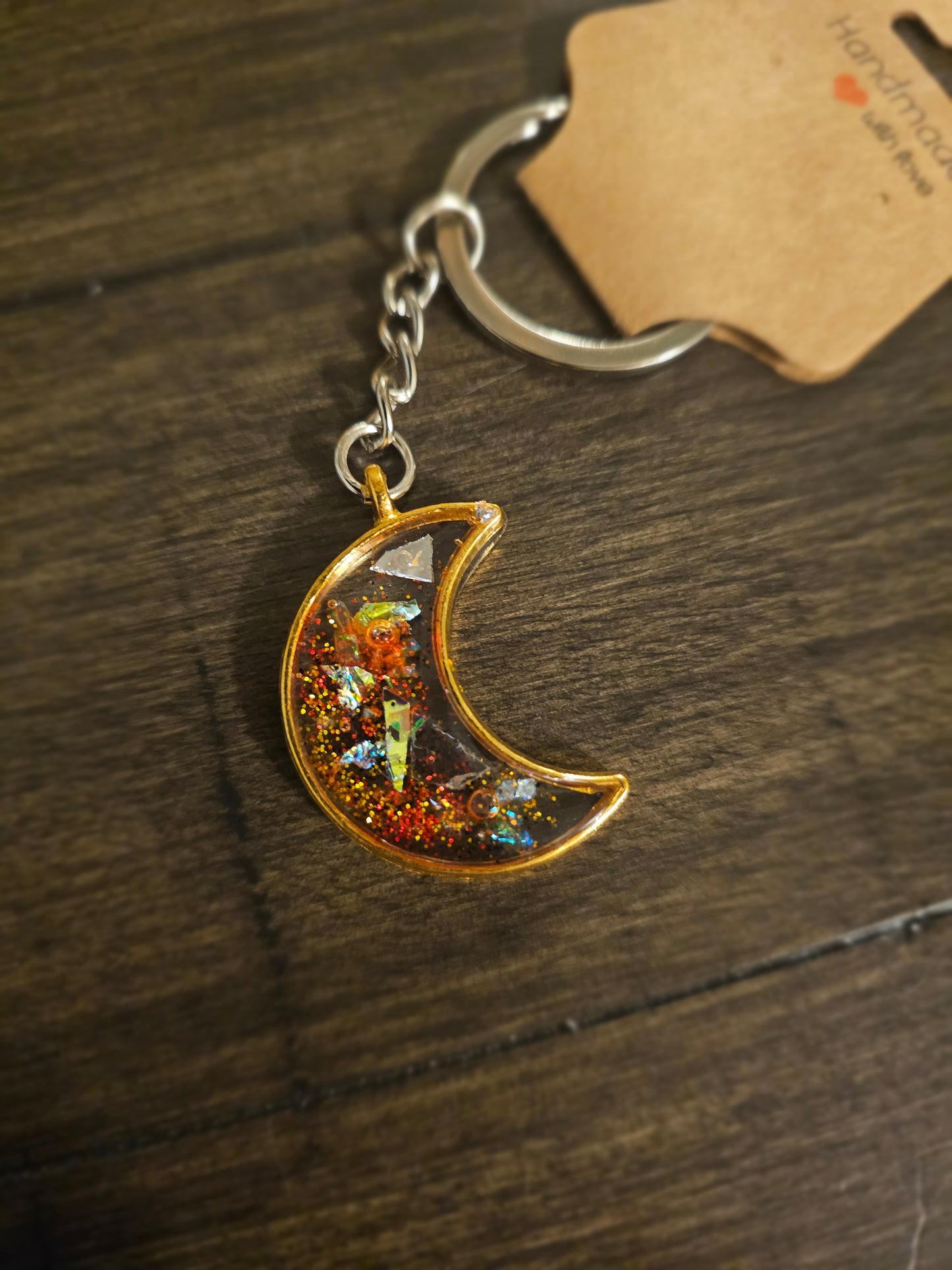 Celestial Spark – Gold Crescent Moon Keychain with Red & Silver Shine