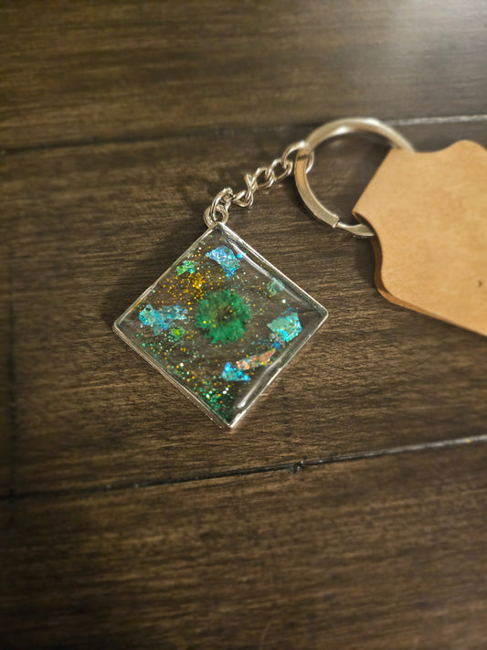 Emerald Glow – Silver Square Keychain